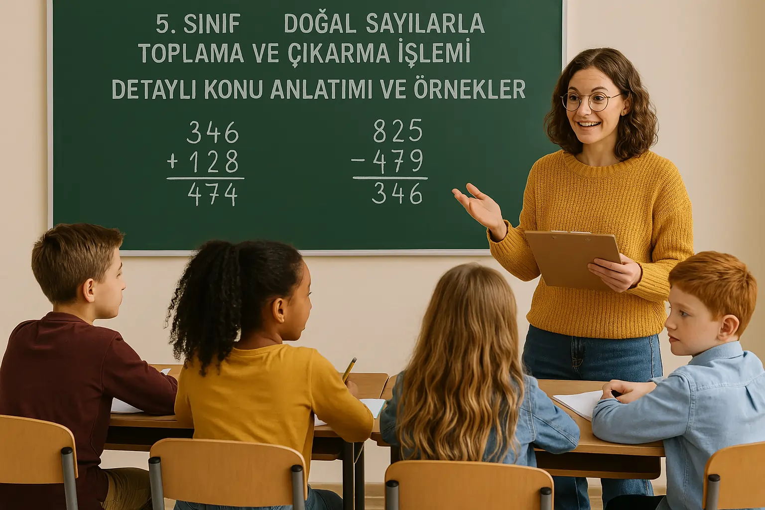 Öğretmen, 5. sınıf öğrencilerine tahtada doğal sayılarla toplama ve çıkarma işlemini anlatıyor.