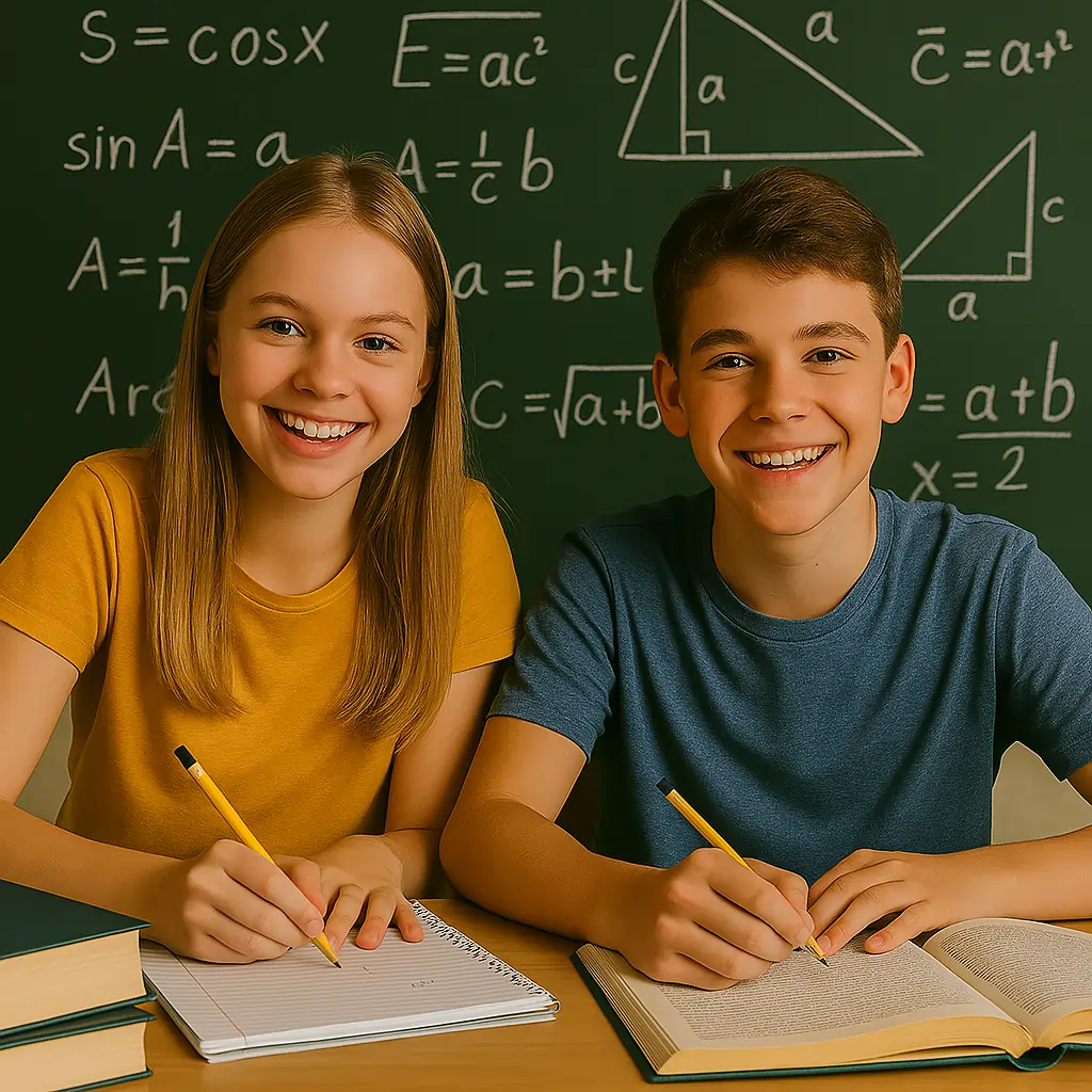 9. sınıf matematik konuları ve stratejileri üzerine çalışan, yazı tahtası önünde gülümseyen iki öğrenci.