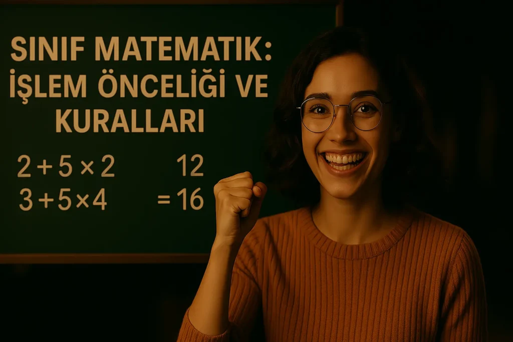 5. sınıf matematik işlem önceliği konusunu anlatan öğretmen ve kara tahtada örnek işlemler.
