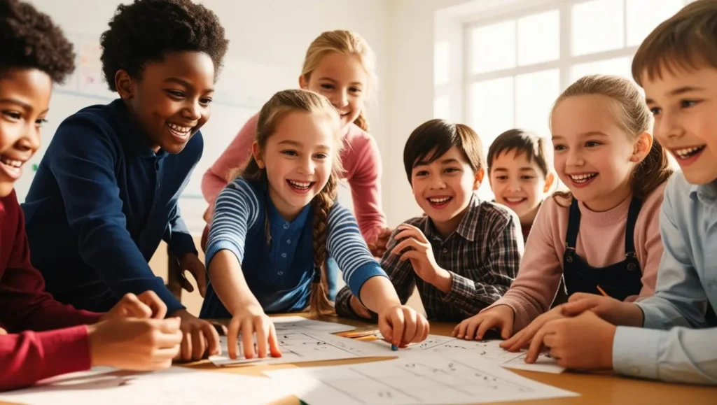 Bir grup öğrencinin bir masa etrafında toplanmış, etkili matematik öğrenme stratejileri uygulayarak neşeyle çalıştığı bir an