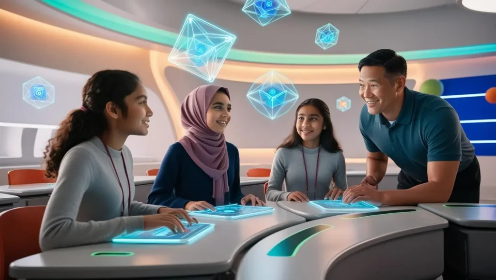 Modern bir sınıfta, öğretmenleriyle birlikte tabletler ve soyut geometrik şekillerle etkileşim kurarak etkili matematik öğretim yöntemleri uygulayan öğrenciler.
