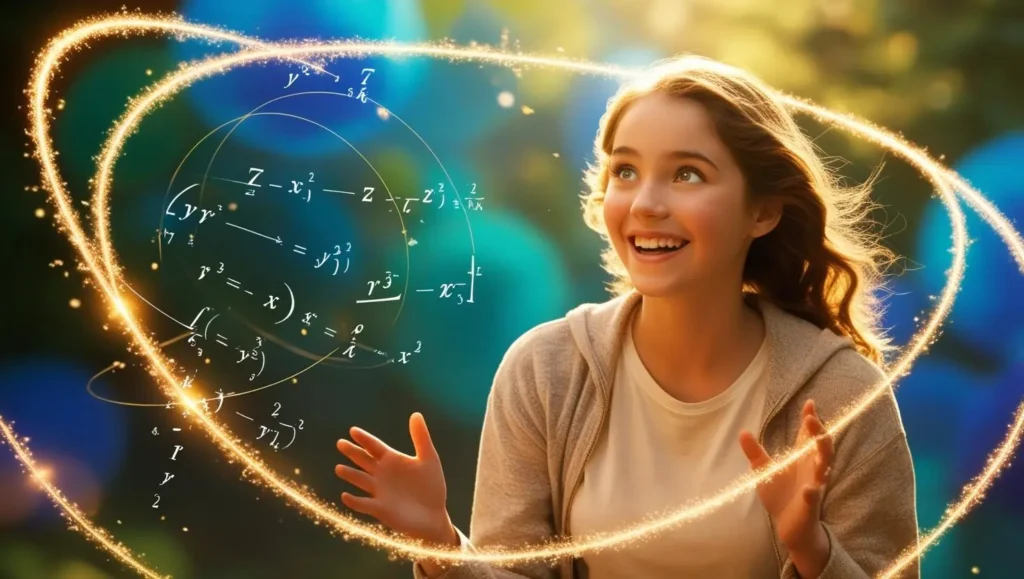 Matematiksel formüllerle çevrili, meraklı ve neşeli genç bir kız illüstrasyonu.