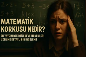 Matematik korkusu yaşayan ve kara tahta önündeki denklemler karşısında bunalmış görünen bir kişi.
