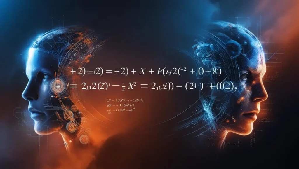 Matematik öğreniminde yapay zeka konseptini simgeleyen, birbirine dönük iki teknolojik insan profili ve aralarında akan matematiksel formüller.