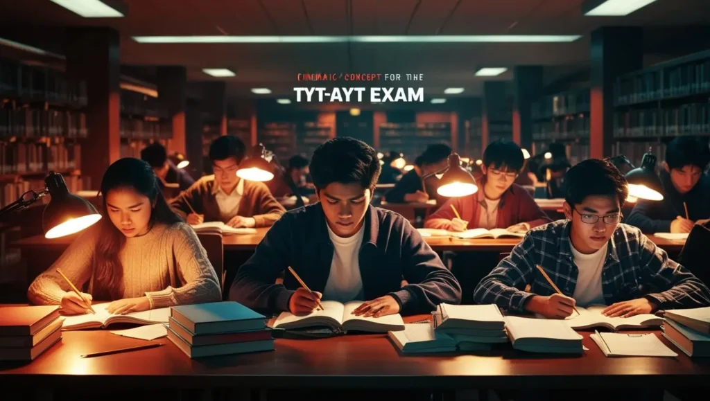 TYT AYT matematik hazırlık stratejileri uygulayarak kütüphanede ders çalışan odaklanmış öğrenciler.