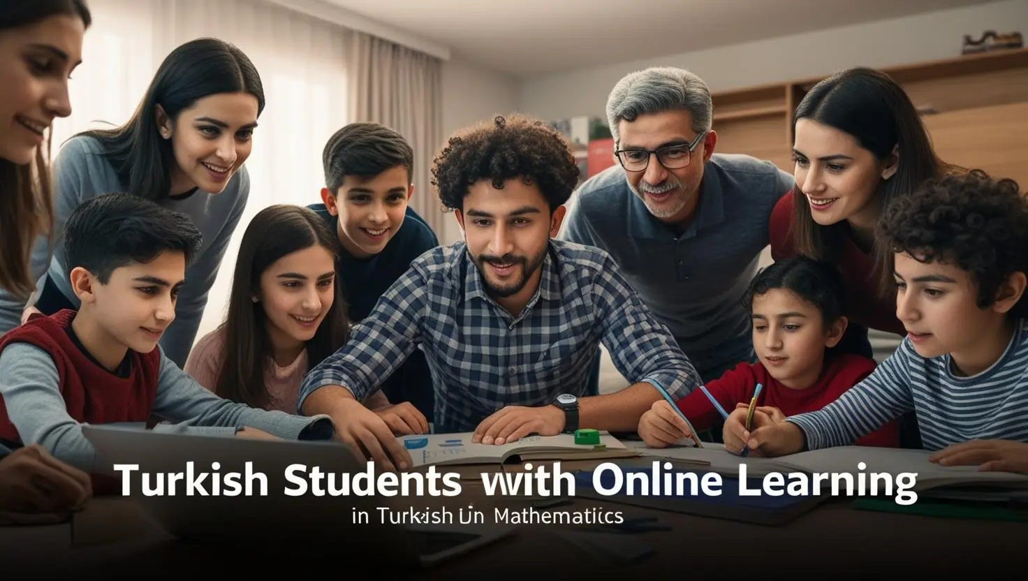 Farklı yaşlardan öğrenciler ve yetişkinler bir dizüstü bilgisayar etrafında ücretsiz online matematik kaynakları ile öğreniyor.